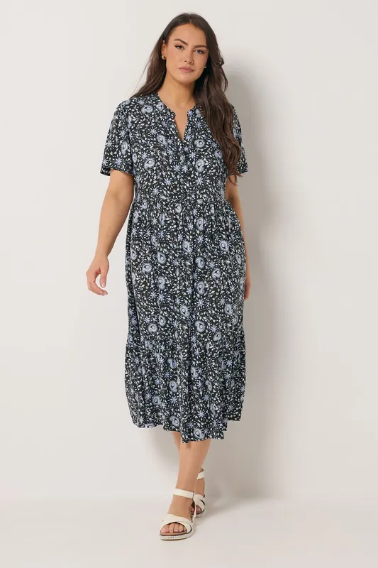 Floral Print Half Placket Maxi Dress - Yours