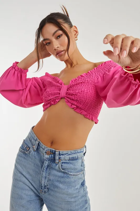 Twist Front Balloon Sleeve Crop Top - Pink Vanilla