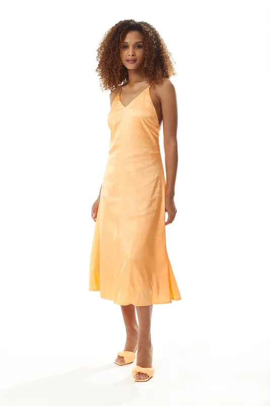 Orange Satin Midi Dress - Liquorish