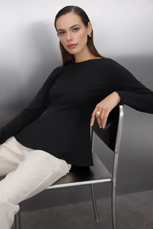 Boat Neck Peplum Long Sleeve Knit Blouse - WOVCOR