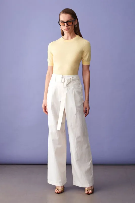 Belted Wide-Leg Linen Blend Trousers