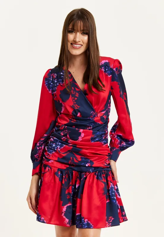 Floral Print Red Mini Dress With Long Sleeves - Liquorish