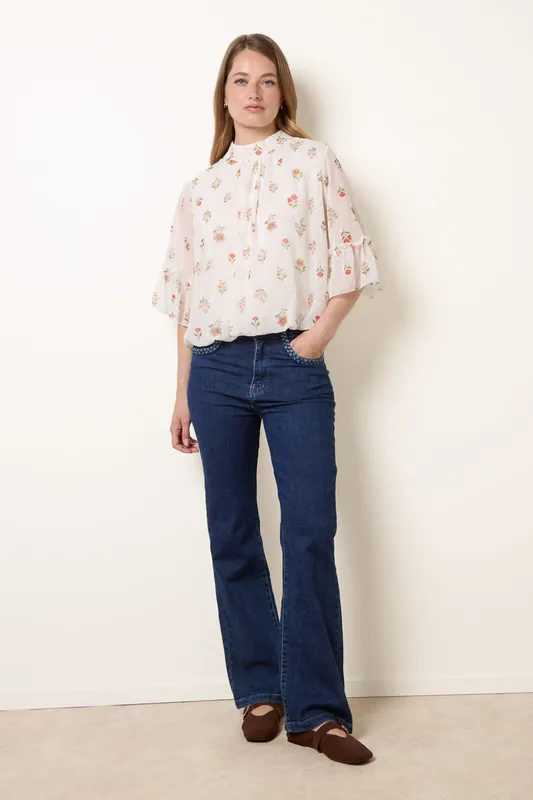 White High Neck Frill Sleeve Dobby Floral Print Puffball Blouse - Blue Vanilla