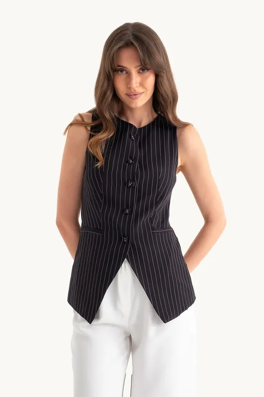 Striped Round Neck Buttoned Waistcoat - Hiccup