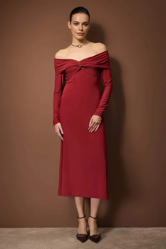 Off the Shoulder Long Sleeve A-Line Stretch Knit Midi Dress