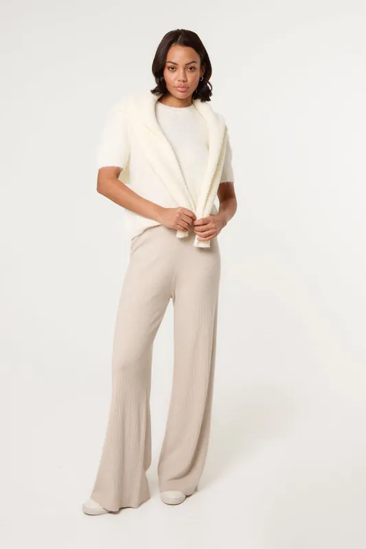 Beige Ribbed Wide Leg Trousers - Blue Vanilla