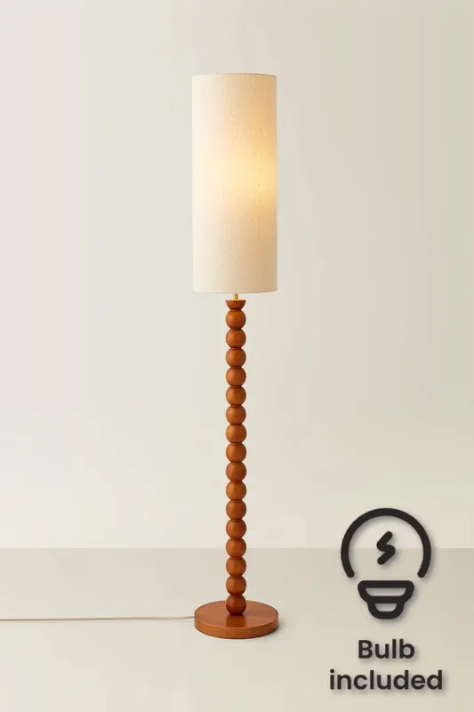 Wyatt Natural Linen Tall Lamp Shade Walnut Wood Bobbin Floor Lamp with LED Bulb - ValueLights