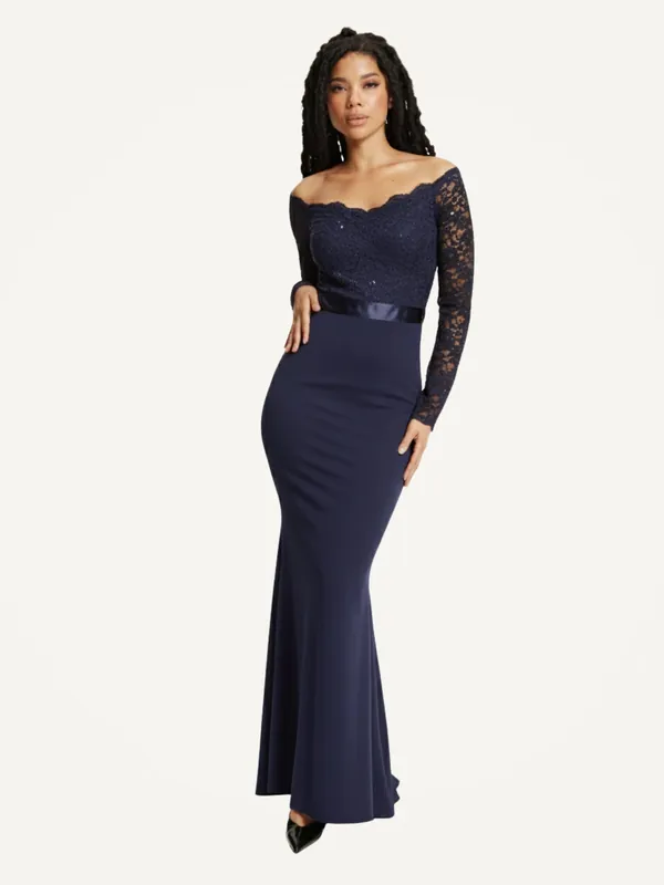Navy Lace Long Sleeve Maxi Dress - Liquorish