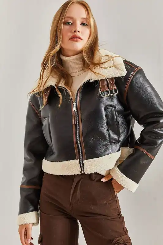 Faux Leather Boxy Crop Jacket with Shawl Collar - Bianco Lucci
