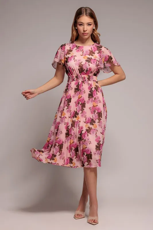 Flutter Sleeve Pleated Skirt Floral Midi Dress - Goddiva