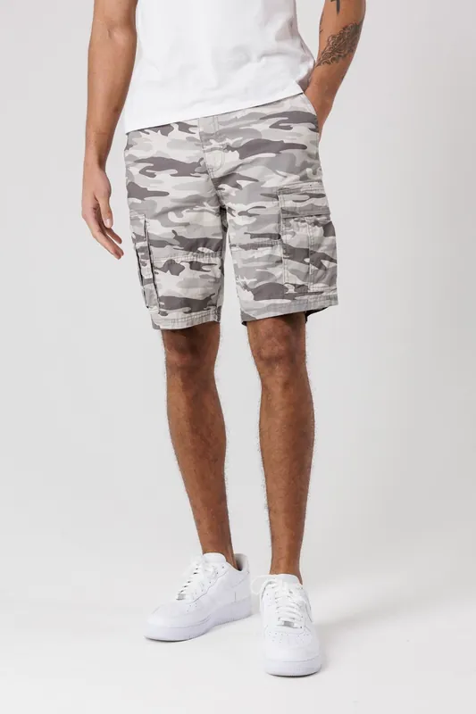 Washed Cotton Twill Cargo Shorts with Camo Print - Tokyo Laundry