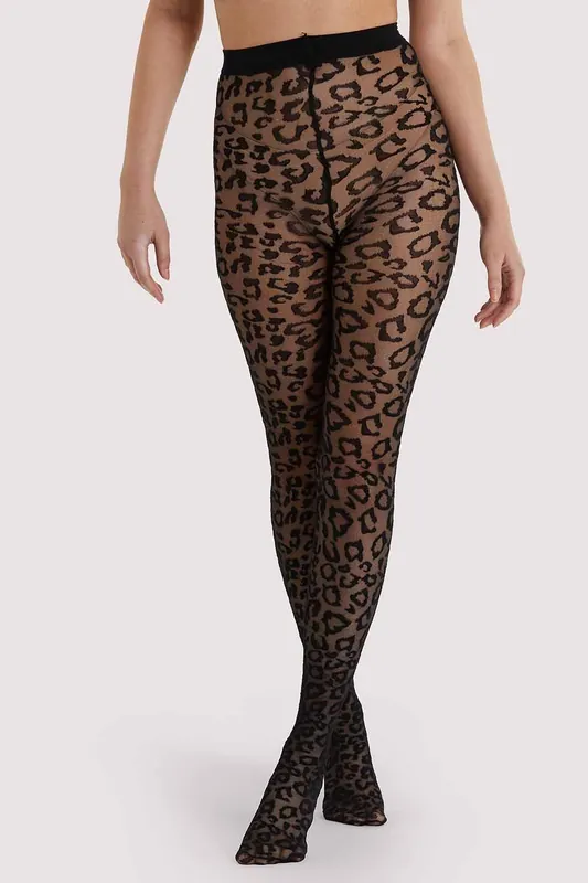 Bettie Page Leopard Knit Tights - Black