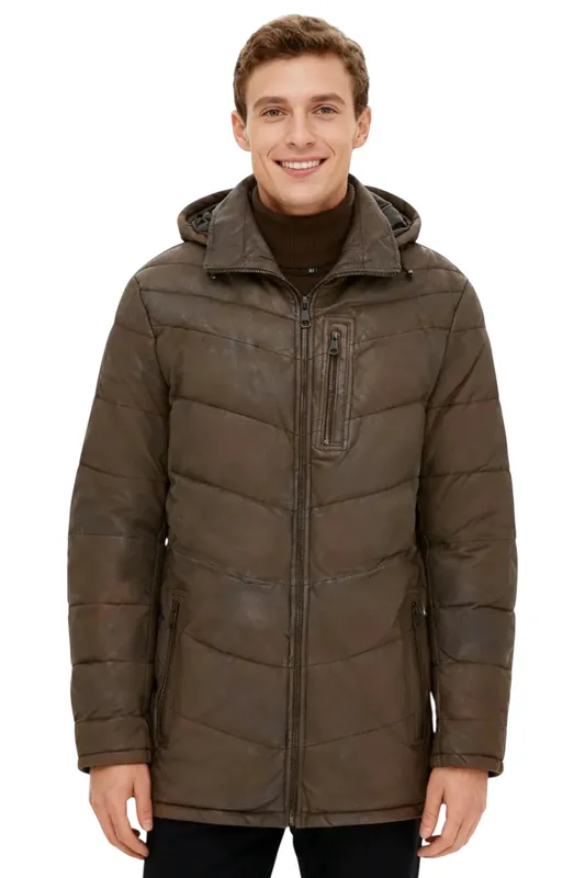 Leather Quilted Jacket Detachable Hood Puffer Winter Coat - Orion