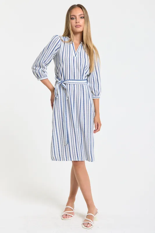 Blue And White Stripe Tie Waist Midi Dress - Liquorish