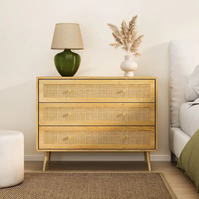 Sienna Wide 3 Drawer Rattan Fronted Bedroom Storage Chest of Drawers - VonHaus
