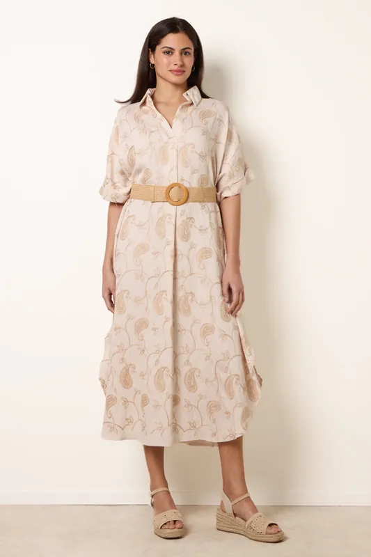 Beige Tunic Style Button Front Dress With Paisley Embroidery - Blue Vanilla