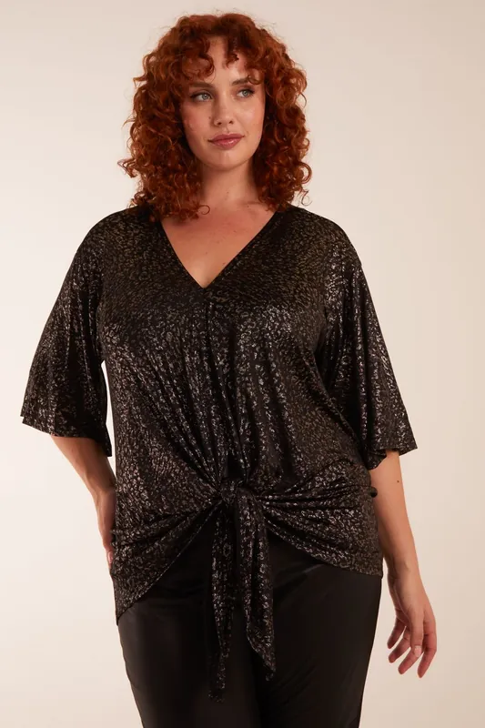 Curve Leopard V Neck Tie Front Top - Blue Vanilla