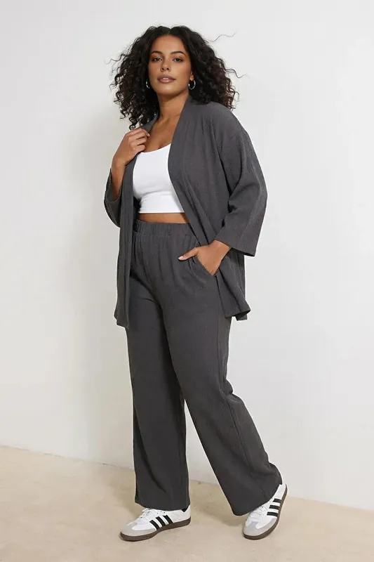 Textured Relaxed Fit Open Front Top and Wide Leg Trouser Co-ord Set