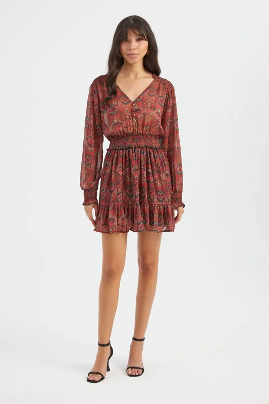 Abstract V Neck Buttoned Tiered Long Sleeve Mini Boho Dress - Hiccup