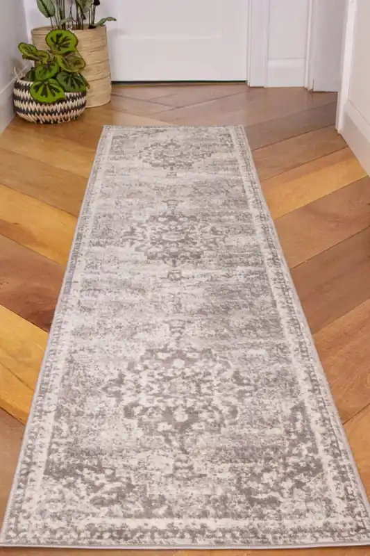 Runner Rug Grey Traditional Medallion Bordered Long Hallway Rugs - Kukoon