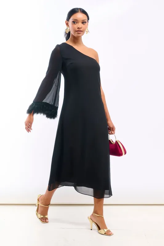 Black Asymmetric Feather Cuff Dress - Needs No Label