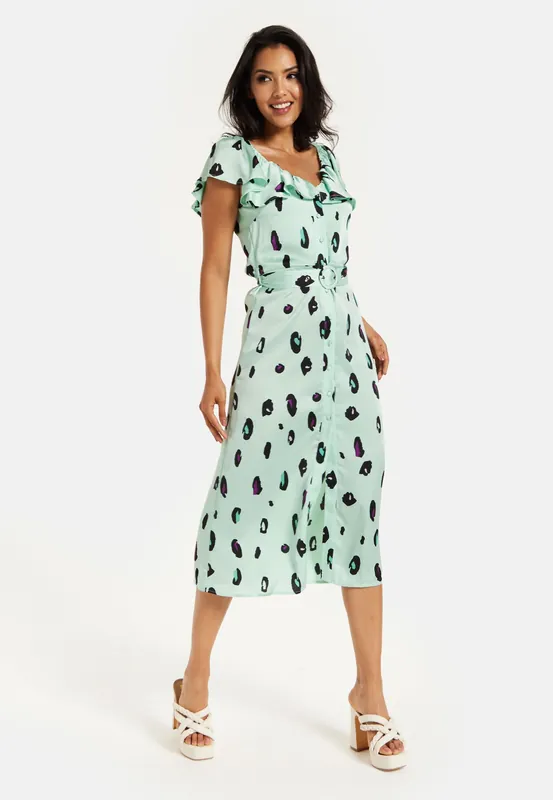 Belted Midi Dress with Off Shoulder Sleeves in Mint Animal Print - Liquorish