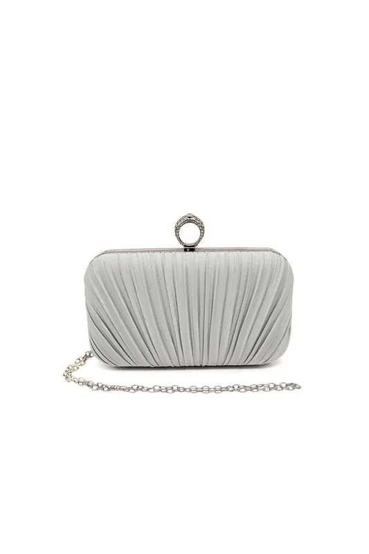 Ringstone Clasp Elegant Satin Pleated Evening Clutch Bag - Kitise