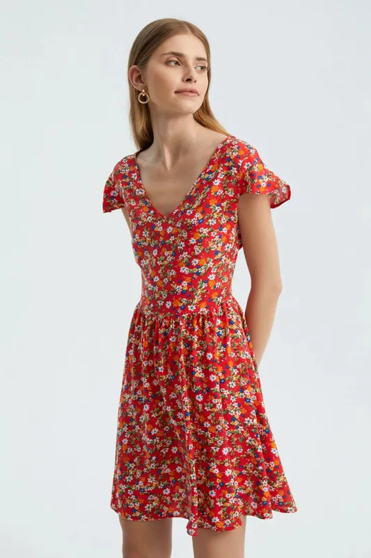 Floral V Neck Short Sleeve Mini Dress - Hiccup