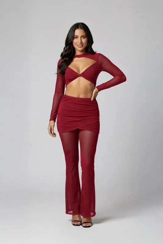 Cut Out Knot Front Mesh and Flared Trouser Co-Ord Set