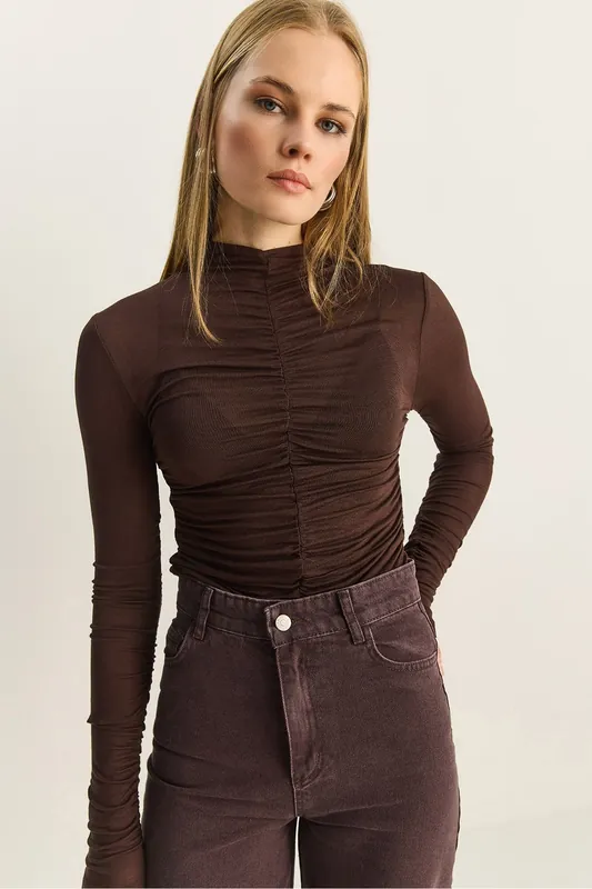 Slim Fit Half Turtleneck Blouse with Drape Detail - Bianco Lucci