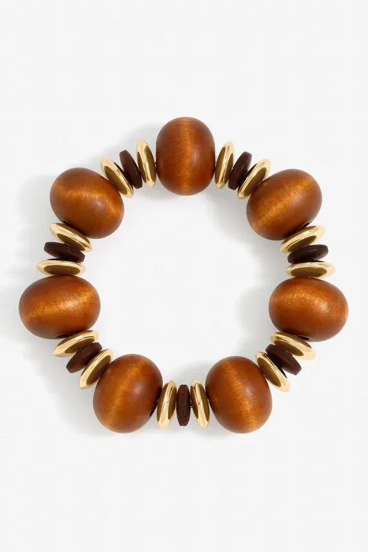 Gold Plated and Wood Orb Stretch Bracelet - Mood