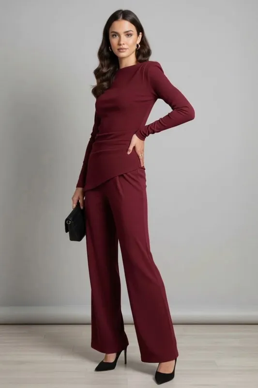 Asymmetric Padded Shoulder Top and Wide Leg Trouser Co-Ord