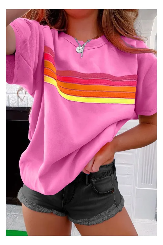 Bonbon Striped Patch Front Casual Tee - Everyday The Label