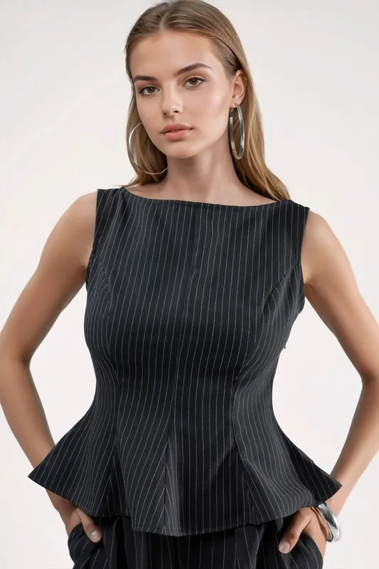 Striped Boat Neck Peplum Top with Zipper - Hiccup