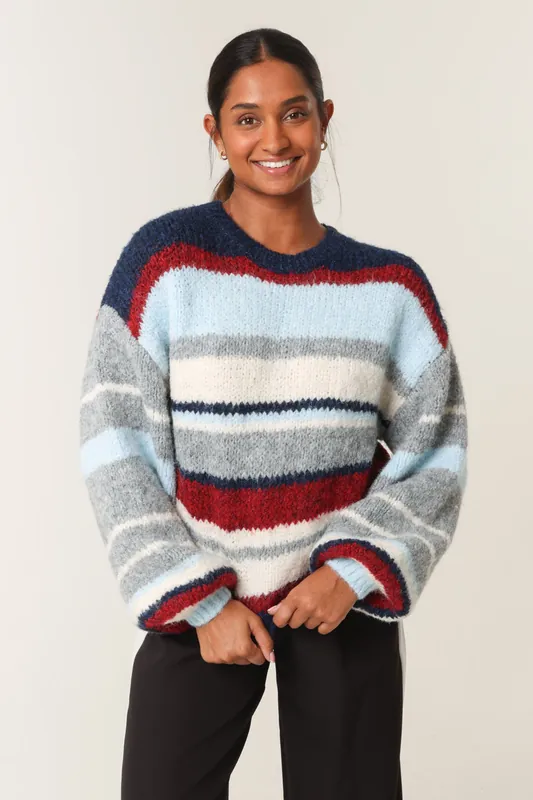 Navy Colourful Block Horizontal Stripes Jumper - Blue Vanilla