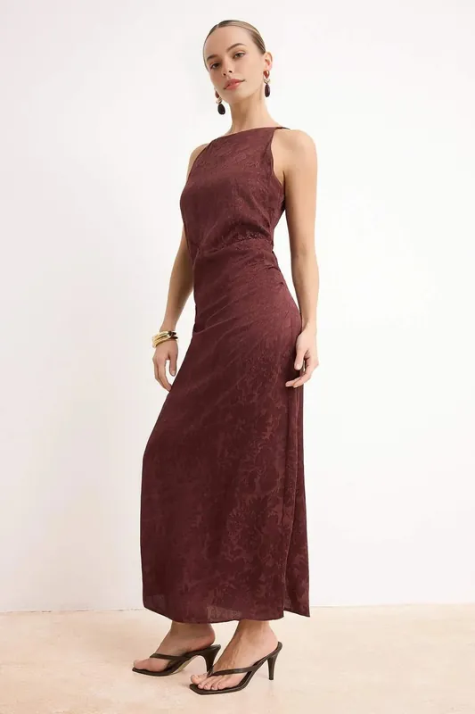Draped High Neck Midi Dress with Textured Floral Finish - WOVCOR