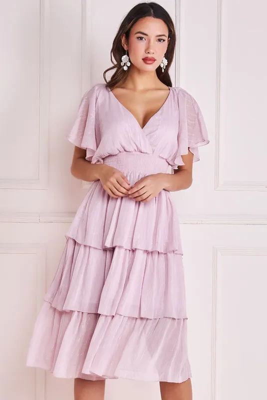 Plain Sparkling Chiffon Tiered Dress - Goddiva