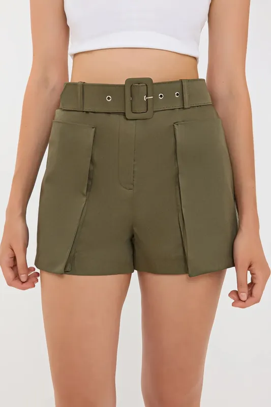 Cotton High-Waist Shorts with Pocket and Belt Detail