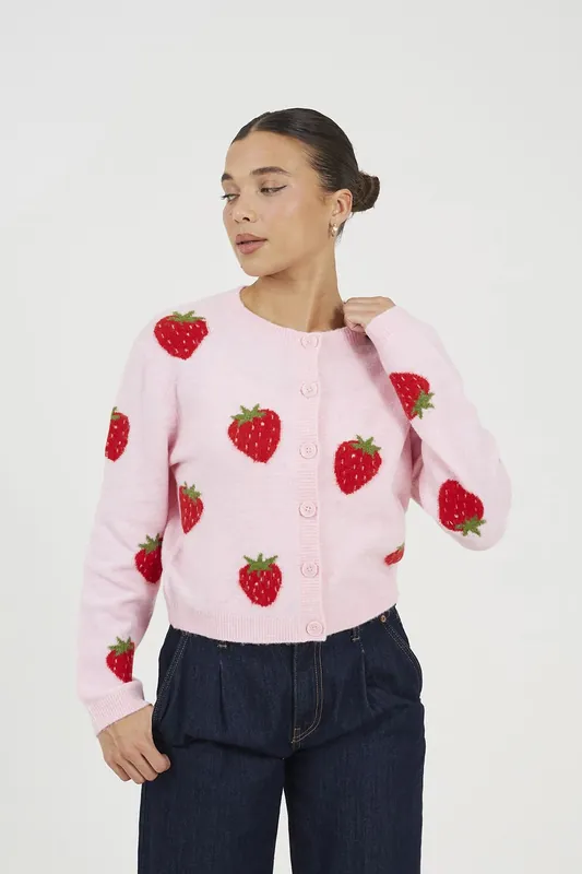 Soft Touch Strawberry Jacquard Knit Cardigan - Brave Soul