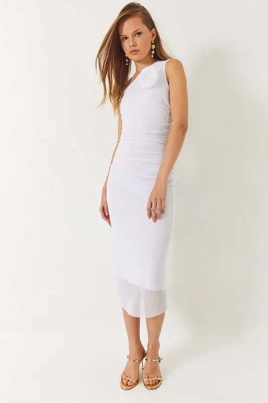 Asymmetrical Collar Midi Dress with Bow - Bianco Lucci
