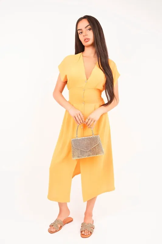 Reeva Button Down Cap Sleeve Midi Dress - IKRUSH