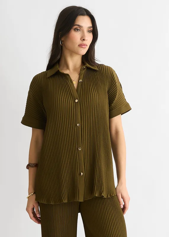 Olive Plisse Short Sleeve Oversized Shirt - Gini London