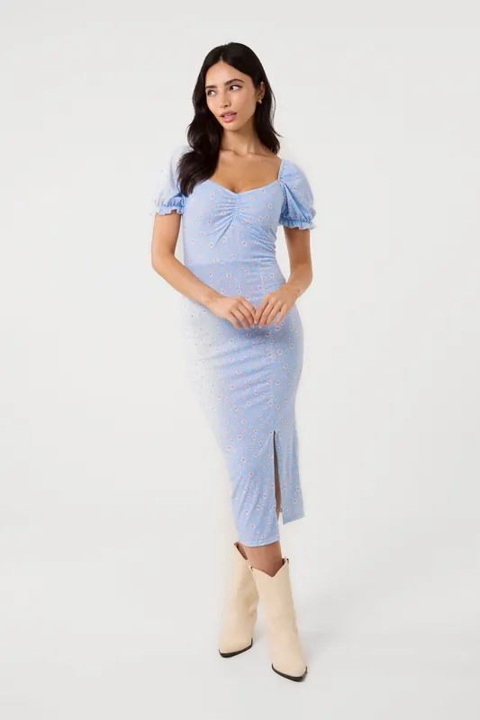 Blue Front Split Floral Midi Dress - Pink Vanilla