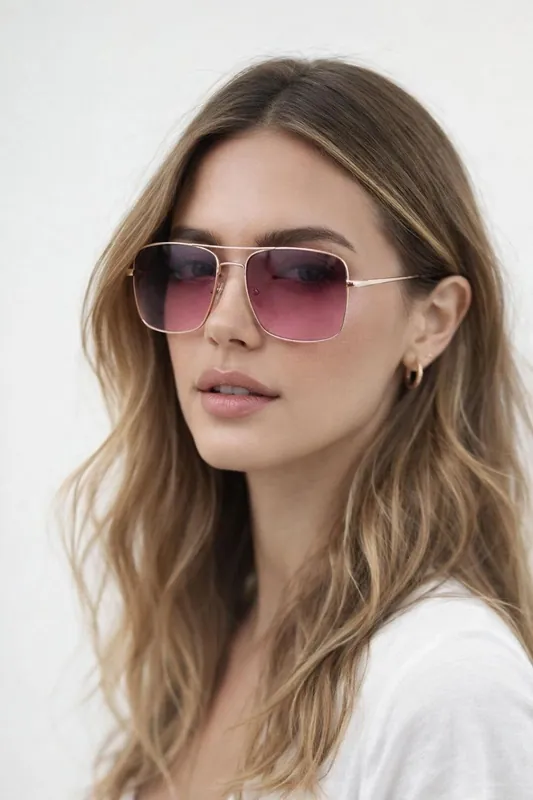 Aviator Style Square Frame Sunglasses in Gold Pink - SVNX