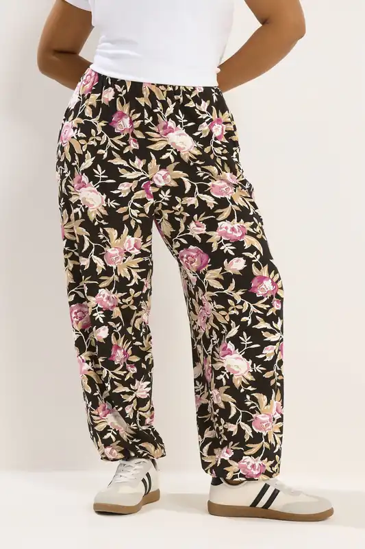 Floral Print Cuffed Harem Trousers - Yours