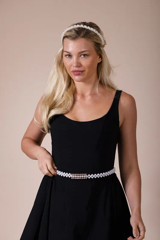 Stretchy Pearl Chain Belt With Diamante Buckle - SVNX