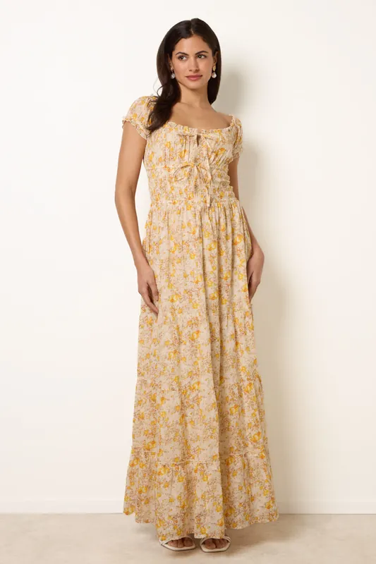 Yellow Double Front Tie Shirred Ditsy Floral Maxi Dress - Blue Vanilla