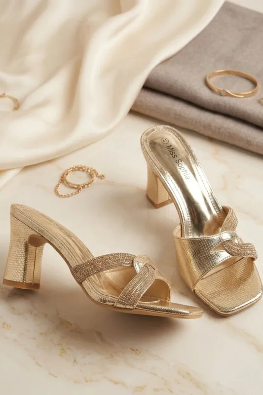 Gold Diamanté Knot Detail Block Heel Mule Sandals - Tara