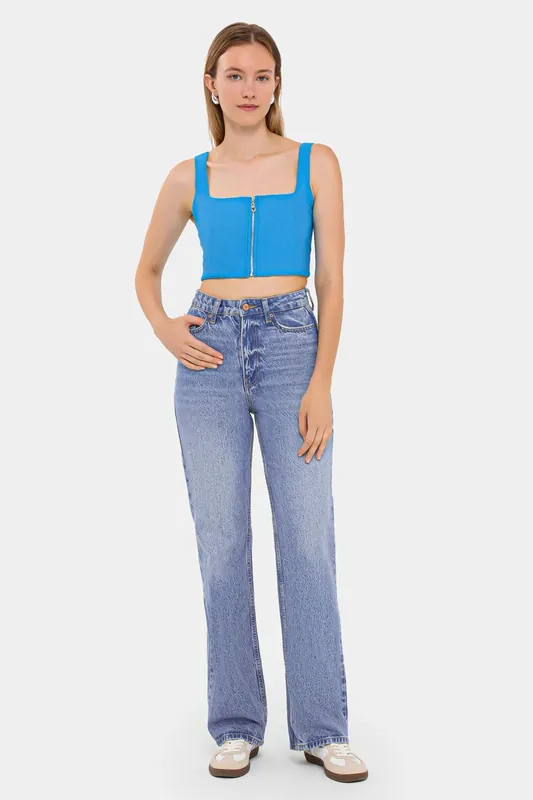Square Neck Sleeveless Cropped Top with Zip Detail - Hiccup