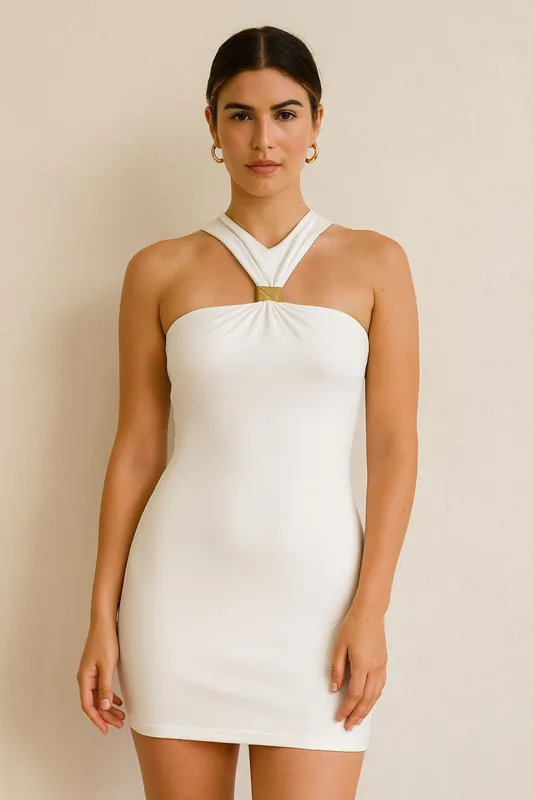 Halter Neck Gold Detail Slinky Bodycon Mini Dress - STYLEWISE